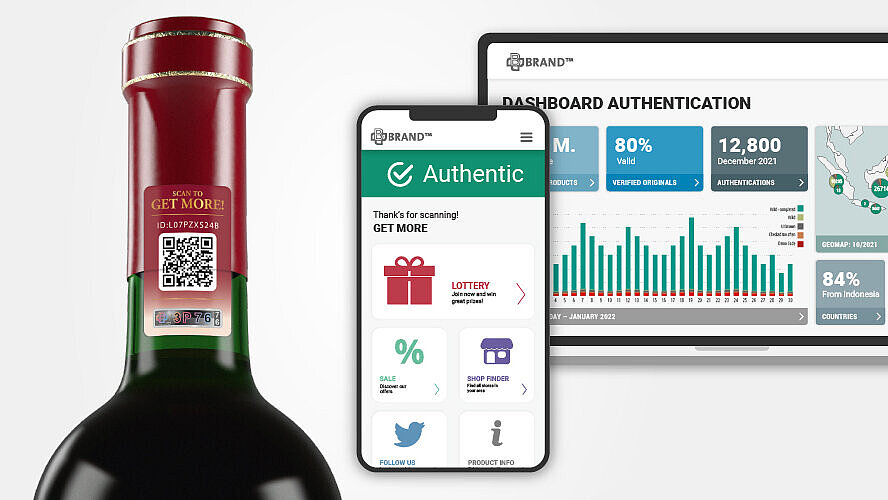 Wine bottle with a QR code for authentication, shown alongside a smartphone app confirming authenticity and a dashboard displaying global verification data and customer interactions.