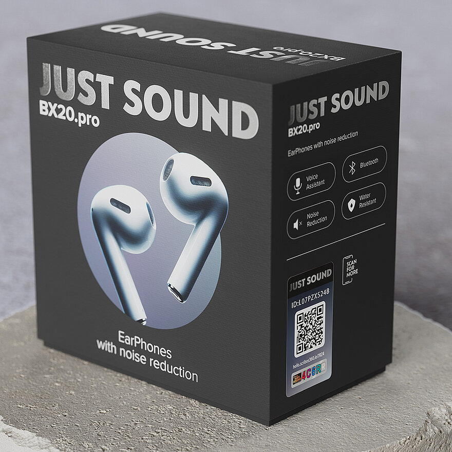 Verkaufsverpackung der „Just Sound BX20.pro“-Kopfhörer mit Geräuschunterdrückung, mit QR-Code für die digitale Produktauthentifizierung und verbesserten Markenschutz.