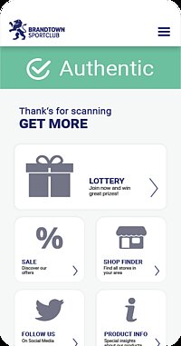 A mobile interface showing the SCRIBOS 360 authentication platform. The screen confirms the scanned product’s authenticity with a green checkmark and the word “Authentic” at the top. Below, interactive options invite users to engage with the brand through features like entering a lottery, discovering sales, finding nearby stores, following on social media, and accessing product insights.