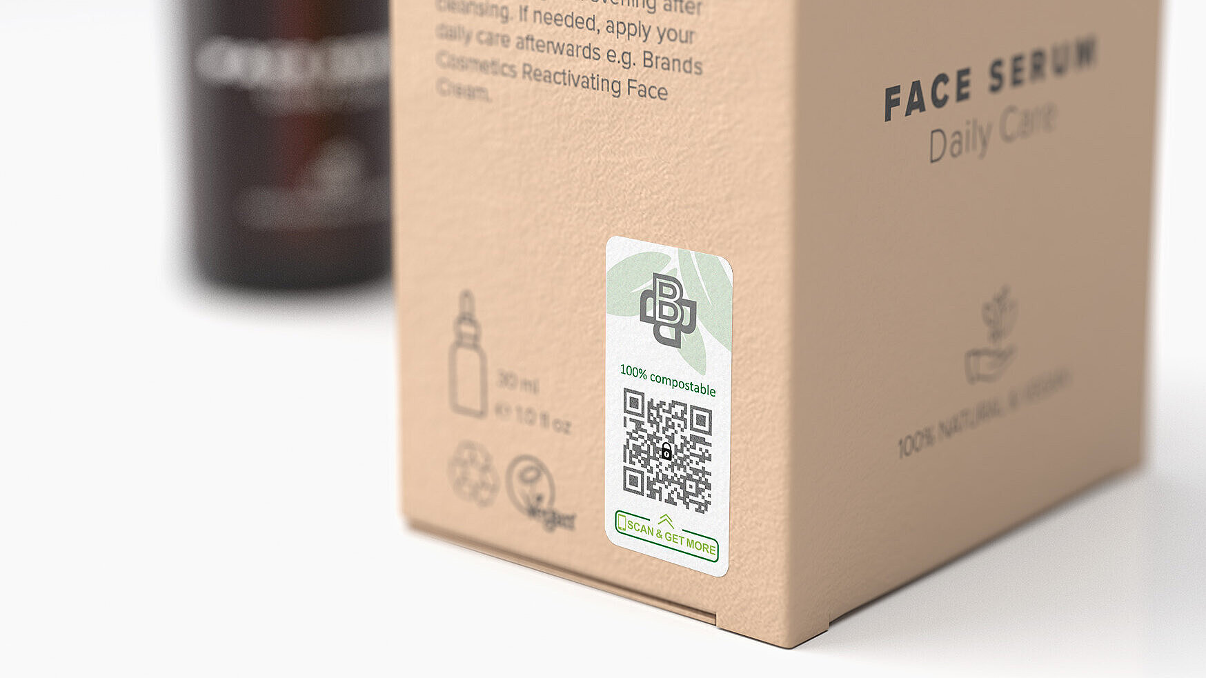 Natural face serum packaging from Brand Cosmetics featuring a 100% compostable label with a QR code for product authenticity and added digital content.