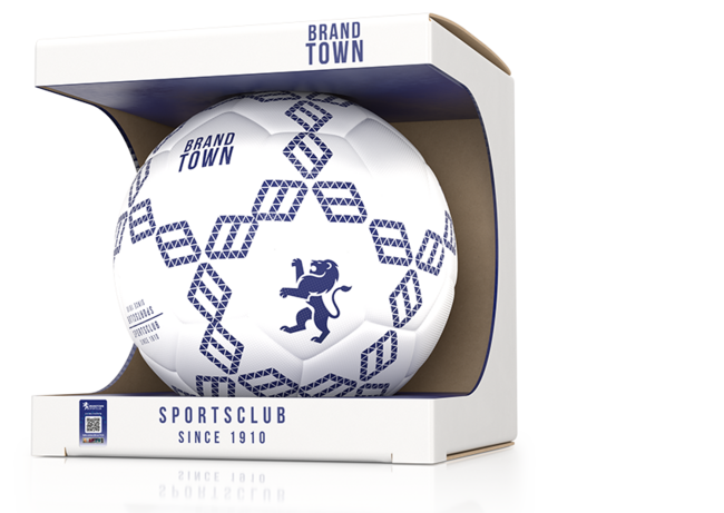 A branded soccer ball packaged in a display box with the “Brandtown Sportclub Since 1910” logo. The packaging features a PrioSpot® security label, offering a combination of overt and covert features for counterfeit protection and seamless authentication. The label