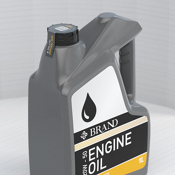 Engine oil container with tamper-evident seal on the cap, labeled ‘Brand Original Seal’ for product authenticity. The label shows ‘Brand Engine Oil 20W-50, 1L, synthetic,’ ensuring secure and genuine product delivery.