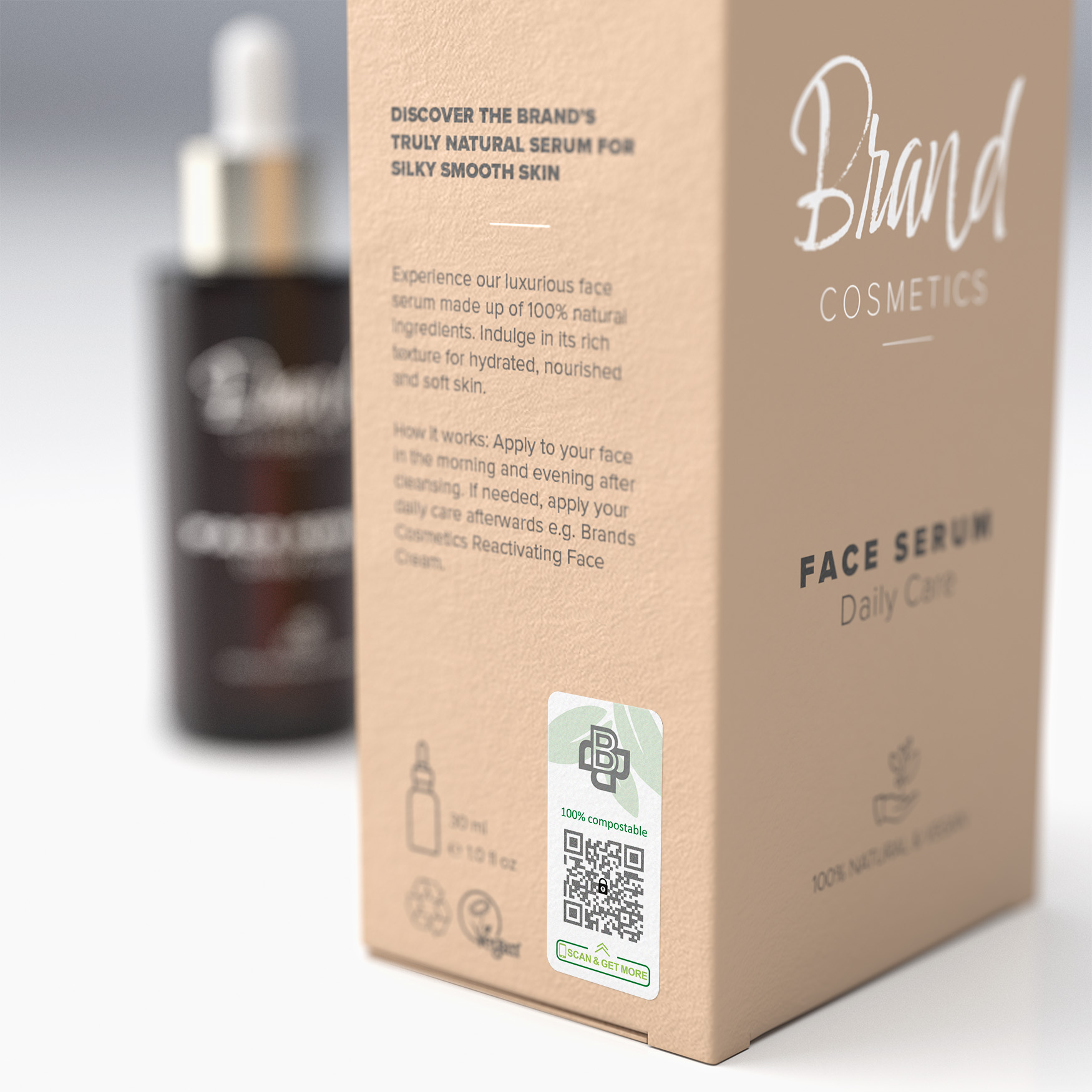 A close-up of the “Brand Cosmetics Face Serum Daily Care” box, focusing on the ValiGate® Green label. The label, made from 100% compostable materials, features a QR code with an embedded ValiGate® security pattern. Customers can scan the QR code for authentication and to access additional product information. The magnified view highlights the secure and sustainable design of the label, aligning with environmentally conscious branding.