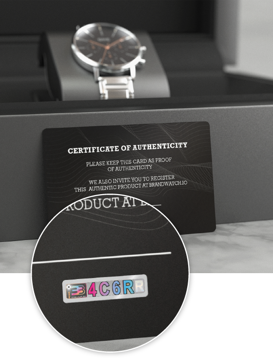 A luxury wristwatch displayed in a sleek presentation box, accompanied by a Certificate of Authenticity card. The card includes a PrioSpot® security label, with a magnified view highlighting the colorful alphanumeric characters (4C6R) as overt authentication elements. The text on the card emphasizes its importance as proof of authenticity and invites users to register the product at Brandwatch.io. The PrioSpot® label integrates both visible and concealed security features to provide robust counterfeit protection and seamless authentication, ensuring the product’s authenticity and protecting brand integrity.