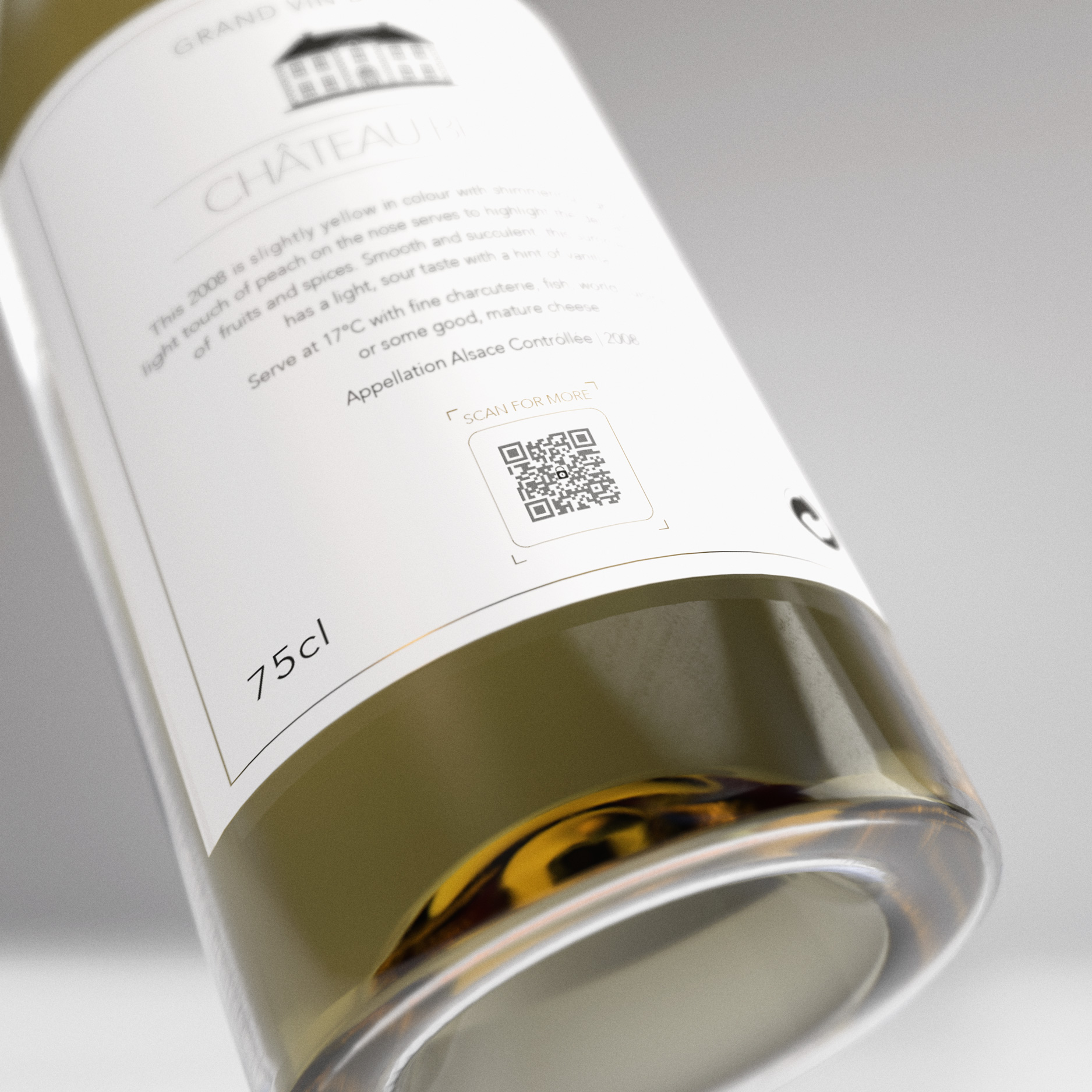 A close-up of a white wine bottle labeled “Château,” featuring a minimalist design with elegant text. The label includes a QR code with the ValiGate® security pattern embedded directly into the code. This advanced technology ensures authenticity and protects against counterfeiting while maintaining the bottle’s premium aesthetic. The QR code invites users to “Scan for More” to access additional product details.