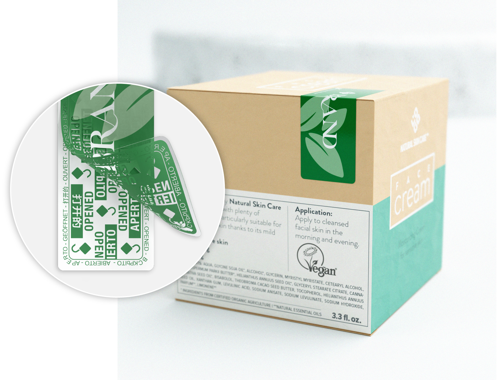A cardboard box of natural skincare cream with a green tamper-evident SCRIBOS HighPerSeal® affixed to the packaging flap. The security seal includes visible text indicating “OPENED” to signal evidence of tampering or first opening, ensuring maximum protection against fraud and unauthorized access. A magnified view showcases the seal’s void effect, which appears irreversibly when the seal is tampered with, providing clear and customizable security features that align with the product’s branding.