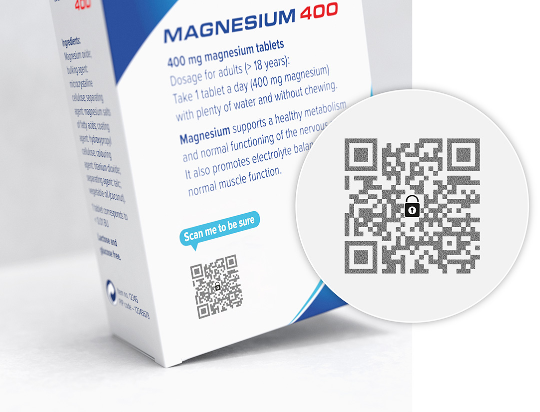 A box of “Magnesium 400” tablets with a ValiGate® Direct Print QR code prominently displayed on the packaging. The QR code is embedded with a patented security pattern that ensures product authenticity and prevents counterfeiting. A magnified view showcases the intricate details of the ValiGate® security marking within the QR code. This eco-friendly printed security feature eliminates the need for additional labels or inks while enabling consumers to easily authenticate the product and access detailed information via their smartphones.